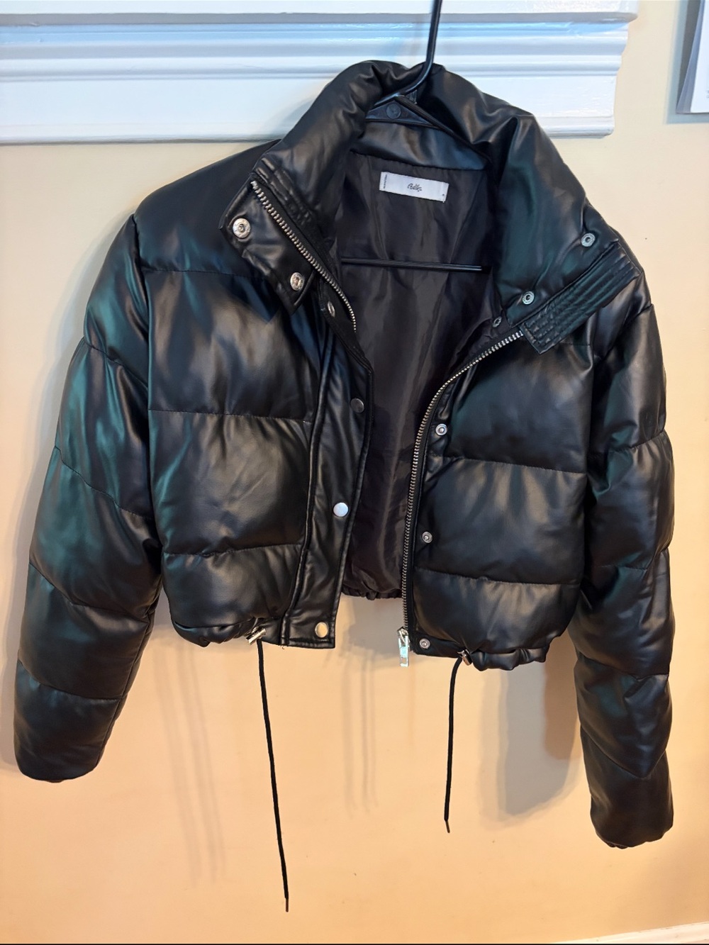 Adika Black Cropped Faux-Leather Puffer Jacket